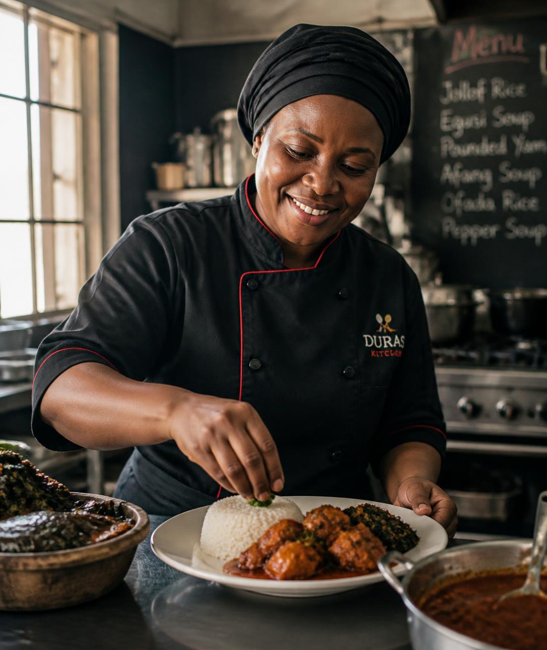 Chef Ngee plating an authentic Nigerian dish