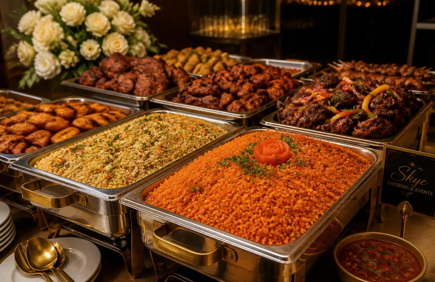 Nigerian catering buffet trays of jollof rice, fried rice and grilled meats